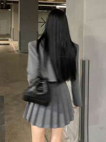 DAZY Solid Pleated Skirt - Grey - View 2