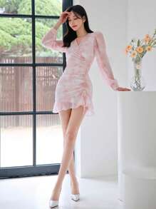 DAZY Allover Print Drawstring Front Ruffle Hem Dress,Mini Dress,Fall Dress - Multicolor - View 8