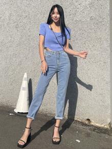 DAZY Solid Scoop Neck Crop Knit Top - Blue - View 5