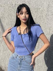 DAZY Solid Scoop Neck Crop Knit Top - Blue - View 6