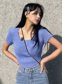 DAZY Solid Scoop Neck Crop Knit Top - Blue - View 7