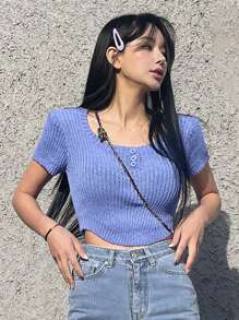 DAZY Solid Scoop Neck Crop Knit Top - Blue - View 8