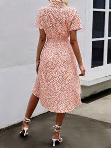 SHEIN LUNE 碎花高衩腰帶襯衫連衣裙 - 橘色 - 查看 2