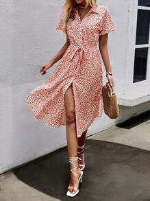 SHEIN LUNE 碎花高衩腰帶襯衫連衣裙 - 橘色 - 查看 3