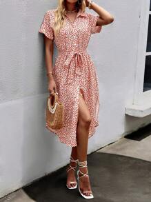 SHEIN LUNE 碎花高衩腰帶襯衫連衣裙 - 橘色 - 查看 4