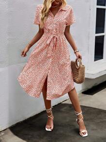 SHEIN LUNE 碎花高衩腰帶襯衫連衣裙 - 橘色 - 查看 5