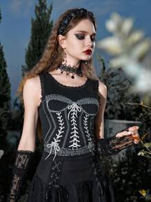 ROMWE Goth Áo khoác và áo lót dành cho xe tăng nữ Tương phản ren Đồ họa Giải trí - màu đen - Xem 1