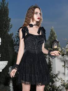 ROMWE Goth 前繫帶蕾絲吊帶連衣裙 - 黑色 - 查看 2