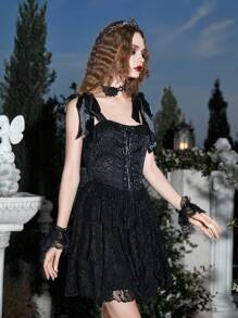 ROMWE Goth 前繫帶蕾絲吊帶連衣裙 - 黑色 - 查看 4