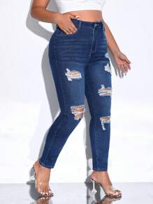 SHEIN LUNE Plus High Waist Ripped Skinny Jeans - Medium Wash - View 5