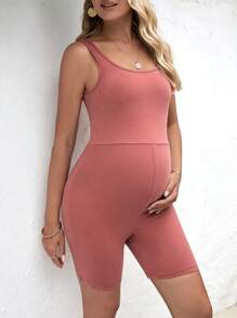 SHEIN Maternity Solid Tank Unitard Romper - Coral Pink - View 1