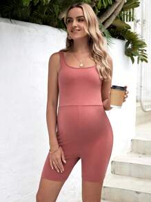 SHEIN Maternity Solid Tank Unitard Romper - Coral Pink - View 4