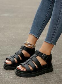 女性厚底羅馬度假夏天黑色坡跟涼鞋 - 黑色 - 查看 1