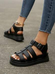 女性厚底羅馬度假夏天黑色坡跟涼鞋 - 黑色 - 查看 3