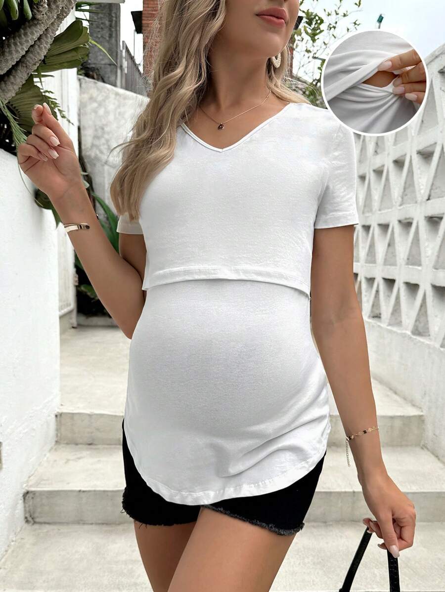SHEIN Maternidad Camiseta unicolor amamantamiento - Blanco - Ver 1