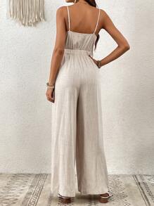 SHEIN VCAY Plus Size Summer Beach Woman Tie Front Cut Out Linen Wrinkle Easily Cami Jumpsuit, Brunch Outfits For Women Women Outfits, Rave Outfits Festival, Business Casual Woman, Boho Country Outfits Women, Beach Outfits For Woman, Beach Outfits For Woman, Summer Outfits - Khaki - View 2