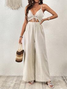 SHEIN VCAY Plus Size Summer Beach Woman Tie Front Cut Out Linen Wrinkle Easily Cami Jumpsuit, Brunch Outfits For Women Women Outfits, Rave Outfits Festival, Business Casual Woman, Boho Country Outfits Women, Beach Outfits For Woman, Beach Outfits For Woman, Summer Outfits - Khaki - View 5