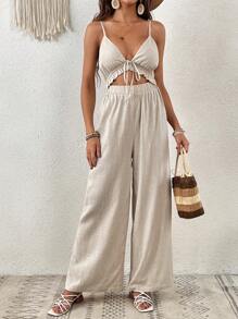 SHEIN VCAY Plus Size Summer Beach Woman Tie Front Cut Out Linen Wrinkle Easily Cami Jumpsuit, Brunch Outfits For Women Women Outfits, Rave Outfits Festival, Business Casual Woman, Boho Country Outfits Women, Beach Outfits For Woman, Beach Outfits For Woman, Summer Outfits - Khaki - View 4