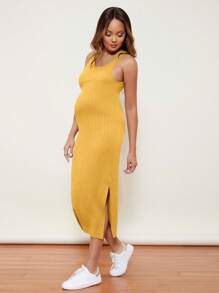 SHEIN Maternidad Vestido unicolor de muslo con abertura tejido de canalé - Amarillo - Ver 3