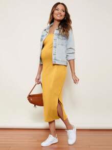 SHEIN Maternidad Vestido unicolor de muslo con abertura tejido de canalé - Amarillo - Ver 4