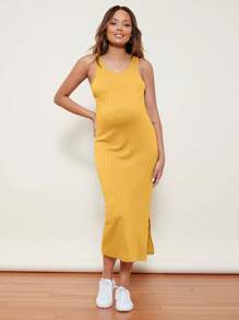 SHEIN Maternidad Vestido unicolor de muslo con abertura tejido de canalé - Amarillo - Ver 5