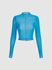 SHEIN MOD 小高領接縫細節網紗上衣 - 藍色 - 查看 1