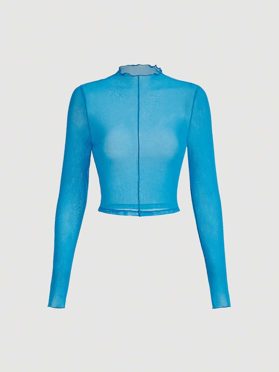 SHEIN MOD 小高領接縫細節網紗上衣 - 藍色 - 查看 1