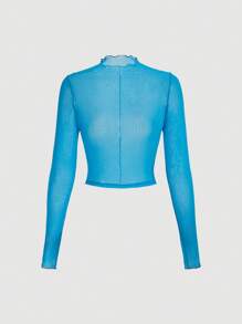 SHEIN MOD 小高領接縫細節網紗上衣 - 藍色 - 查看 2