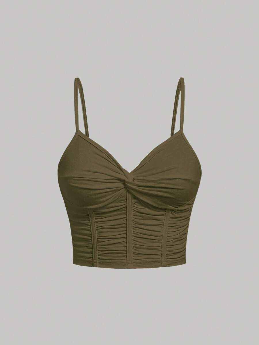 SHEIN MOD Áo khoác và áo lót dành cho xe tăng nữ Xù xoắn lại màu trơn Giải trí - xanh quân đội - Xem 1