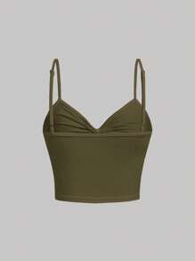 SHEIN MOD Áo khoác và áo lót dành cho xe tăng nữ Xù xoắn lại màu trơn Giải trí - xanh quân đội - Xem 2