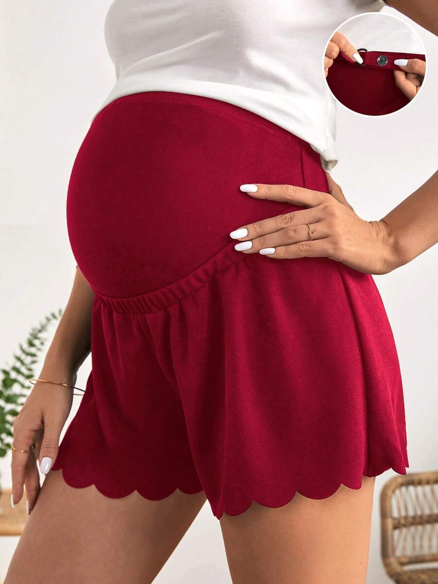 SHEIN 孕婦可調節腰圍貝殼邊短褲 - 酒紅色 - 查看 1
