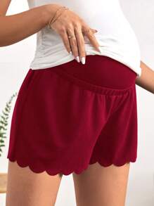 SHEIN 孕婦可調節腰圍貝殼邊短褲 - 酒紅色 - 查看 4