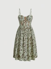 SHEIN MOD Đầm Plus Size Dây kéo Tương phản ràng buộc Hoa Tất cả trên in Boho - Màu xanh Bạc hà - Xem 1