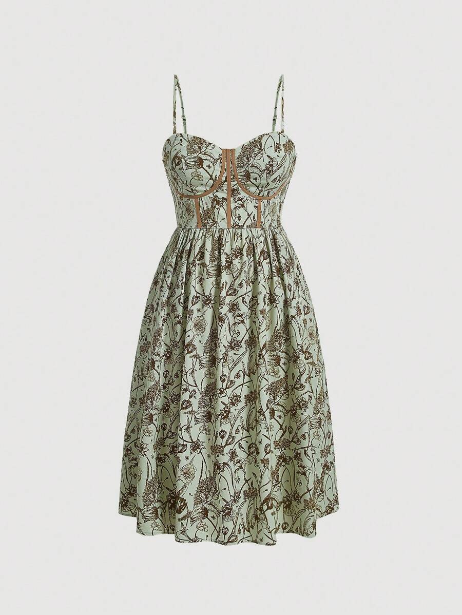 SHEIN MOD Đầm Plus Size Dây kéo Tương phản ràng buộc Hoa Tất cả trên in Boho - Màu xanh Bạc hà - Xem 1