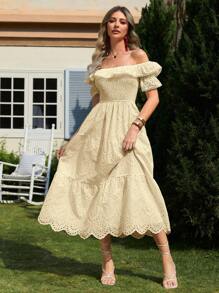 Simplee Women's Summer New Embroidered Solid Off Shoulder High Waist Dress, Party Dress, Music Festival, Graduation Party