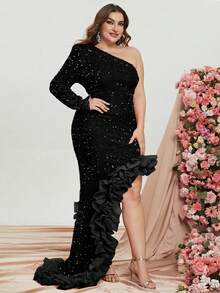 Faeriesty Đầm Plus Size Bất đối xứng ghép mộng kim sa Xù màu trơn Buổi tiệc - màu đen - Xem 4