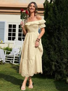 Simplee Women's Summer New Embroidered Solid Off Shoulder High Waist Dress, Party Dress, Music Festival, Graduation Party