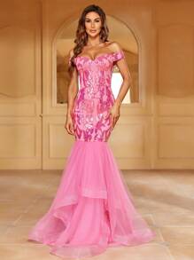 Off Shoulder Lưới Nàng tiên cá Hem Kim sa Ăn mặc trang trọng - Màu Hồng Tươi - Xem 1