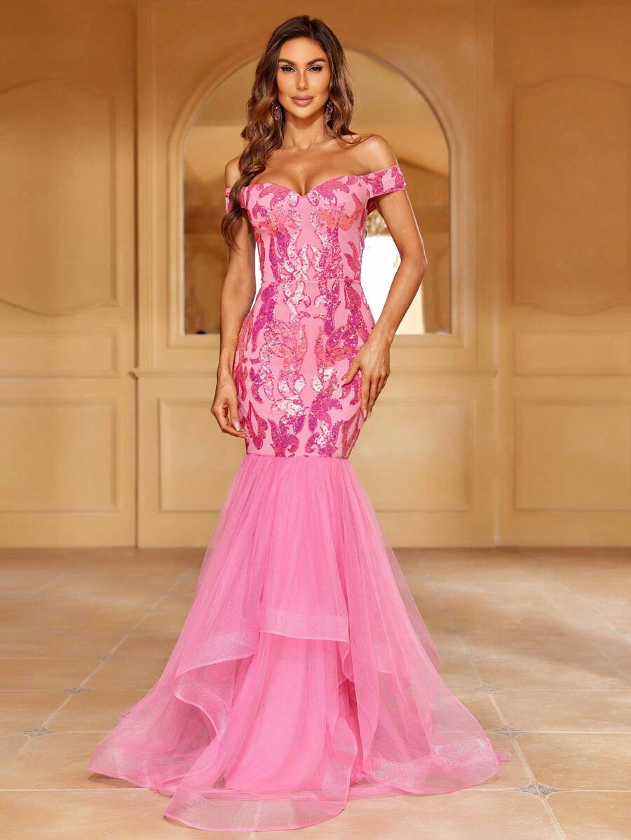 Off Shoulder Lưới Nàng tiên cá Hem Kim sa Ăn mặc trang trọng - Màu Hồng Tươi - Xem 1