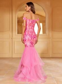 Off Shoulder Lưới Nàng tiên cá Hem Kim sa Ăn mặc trang trọng - Màu Hồng Tươi - Xem 2