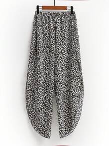 Plus Ditsy Floral Print Split Thigh Trousers - Black and White - View 1