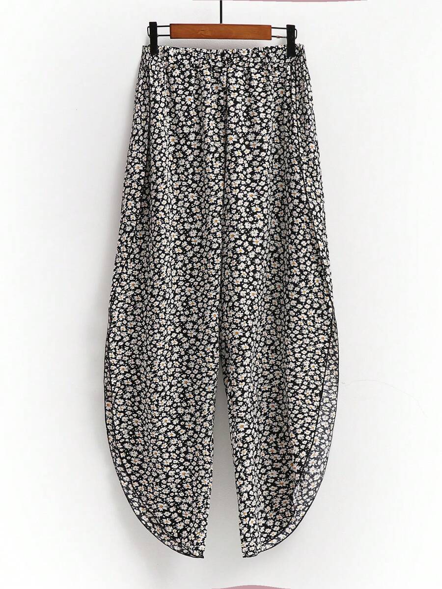 Plus Ditsy Floral Print Split Thigh Trousers - Black and White - View 1