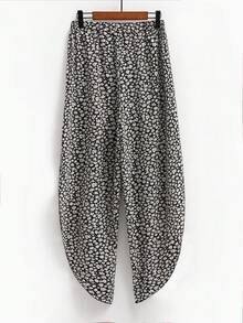 Plus Ditsy Floral Print Split Thigh Trousers - Black and White - View 2