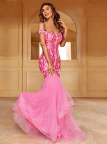 Off Shoulder Lưới Nàng tiên cá Hem Kim sa Ăn mặc trang trọng - Màu Hồng Tươi - Xem 4