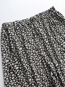 Plus Ditsy Floral Print Split Thigh Trousers - Black and White - View 3