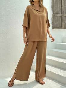 Solid Batwing Sleeve Top & Split Hem Wide Leg Trousers - Coffee Brown - View 1