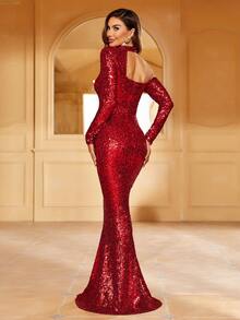 Faeriesty 优雅露肩礼服：闪亮缀饰美人鱼长袖礼服，修身剪裁，曳地裙摆——完美适用于婚礼仪式、新娘写真、正式晚宴、浪漫周年庆典、红毯活动等场合。 - 紅色 - 查看 2