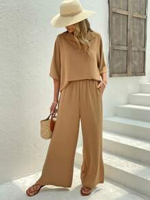 Solid Batwing Sleeve Top & Split Hem Wide Leg Trousers - Coffee Brown - View 3