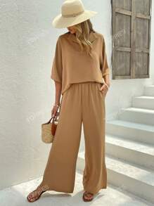 Solid Batwing Sleeve Top & Split Hem Wide Leg Pants