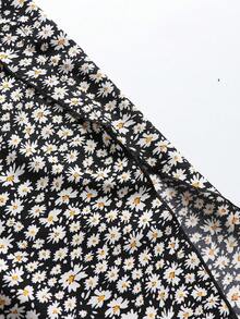 Plus Ditsy Floral Print Split Thigh Trousers - Black and White - View 5